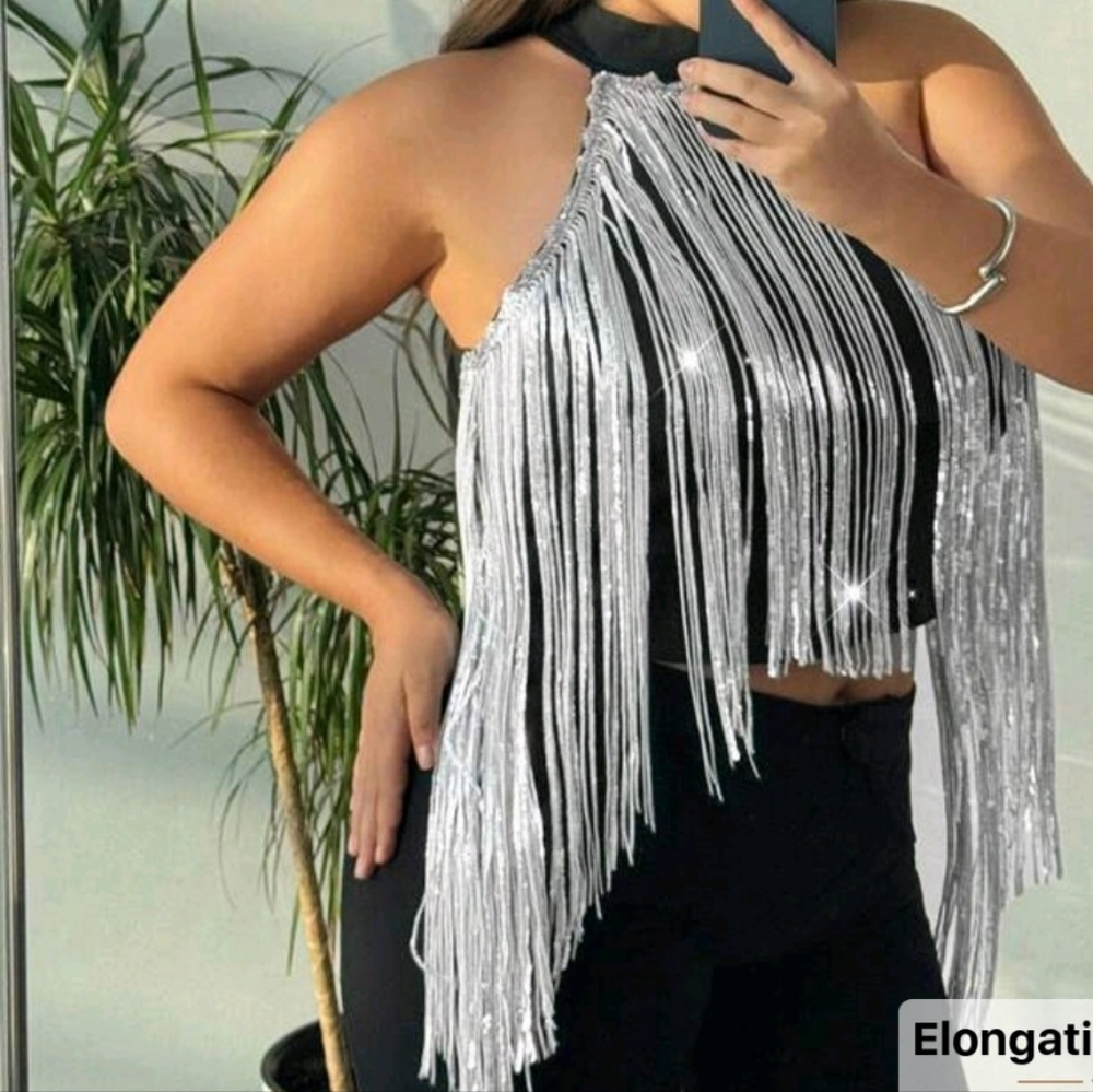 Silver Fringe Halter Top